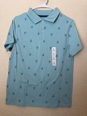 Cat & Jack Light Teal Polo with Navy Sailboat Print